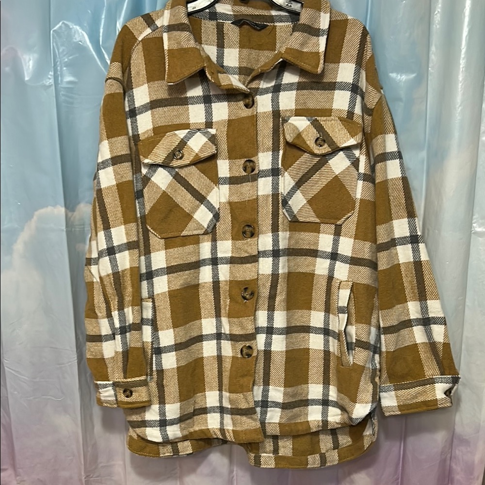 Plaid Button-Up Women Sweater - Brown and White